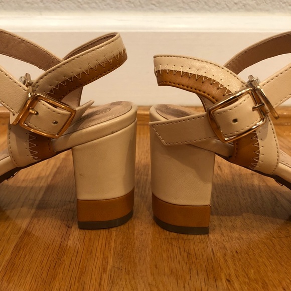 Brown & Tan Thick Heels with Gold Trim - Picture 3 of 7